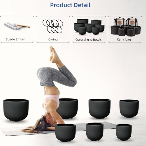 Crystal Singing Bowls SET of (7) SEVEN 432hz Black Quartz Bowls NWT $1109 - Picture 4 of 12